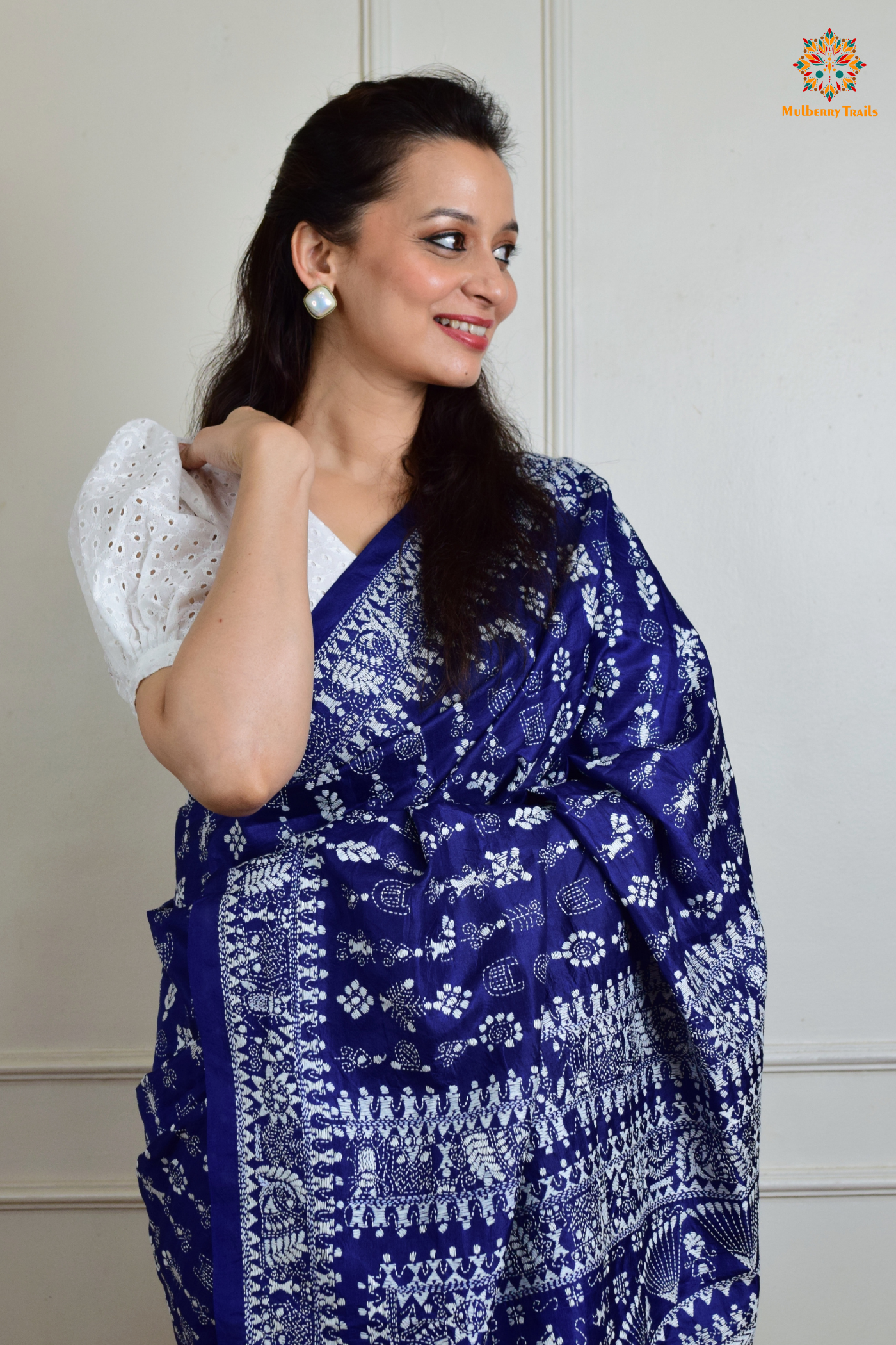 Rima - Blue Silk Saree with Warli Embroidery