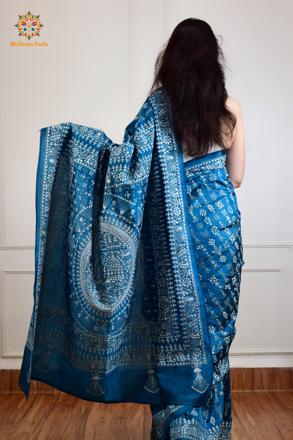 Rima - Peacock BlueBangalore Silk Saree with Warli Embroidery Saree