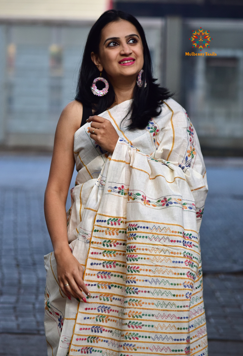 Vipas: Cotton Handloom Saree with Kantha Embroidery - White