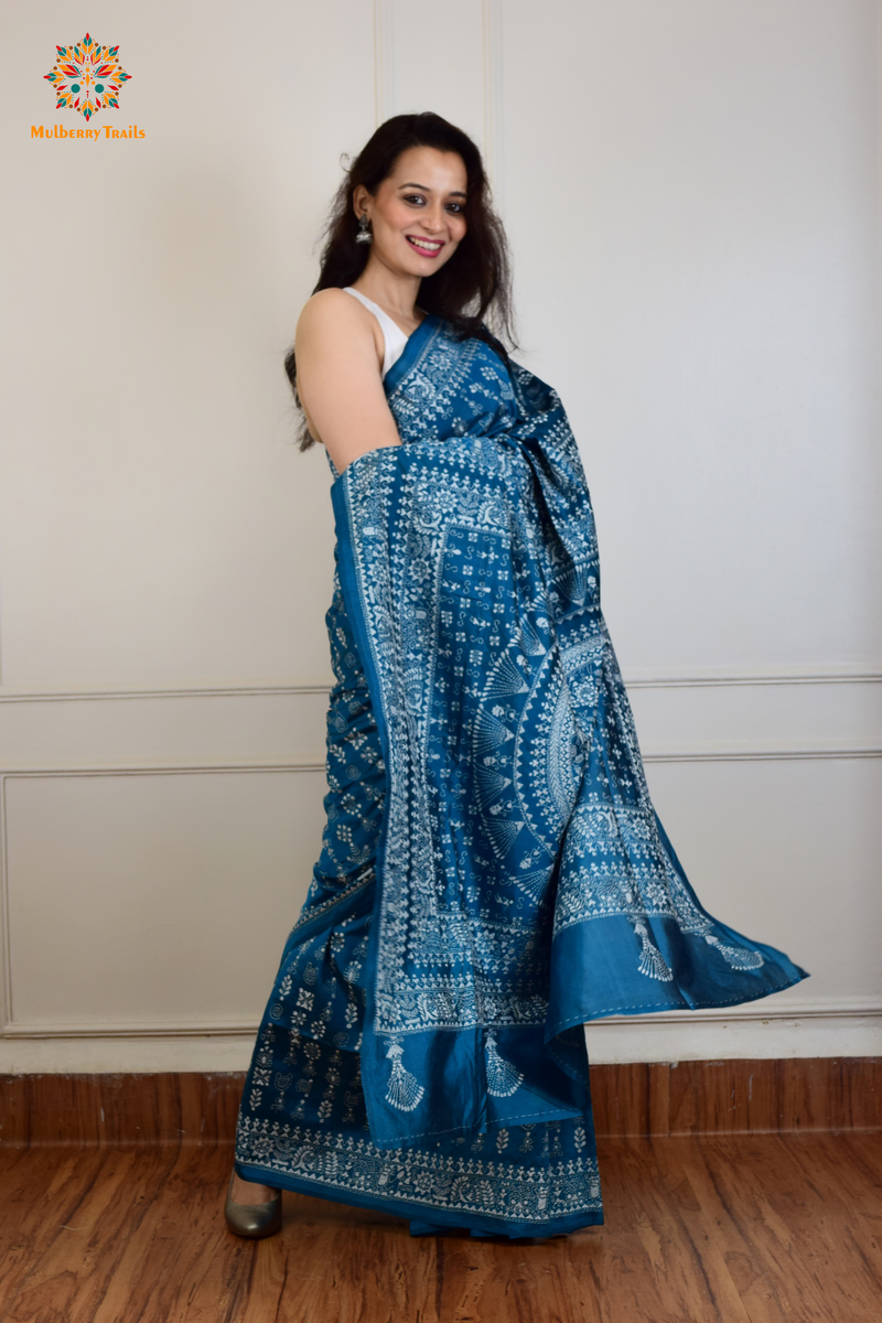 Rima - Peacock BlueBangalore Silk Saree with Warli Embroidery Saree