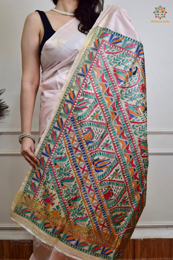 Pavani - Staple Tusser Handpainted Madhubani Saree- Soft white - pink