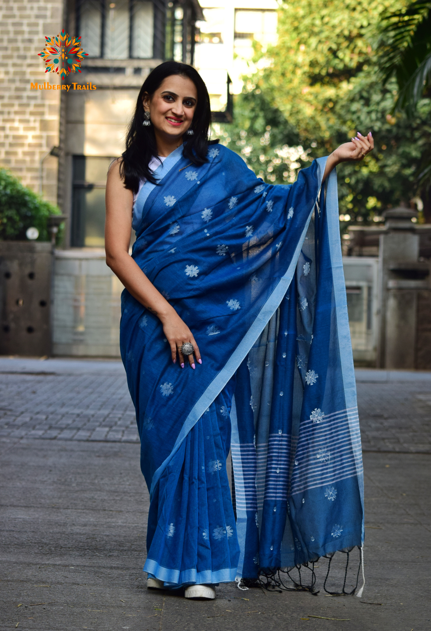 Aravi: Flowy Summer Cotton Saree Denim Blue