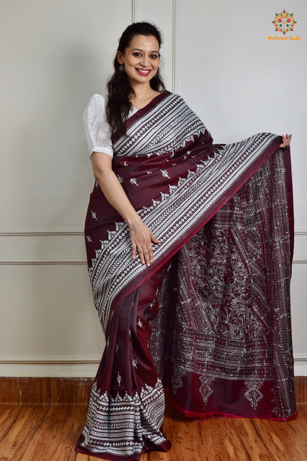 Rima - Maroon Silk Saree with Kantha Embroidery