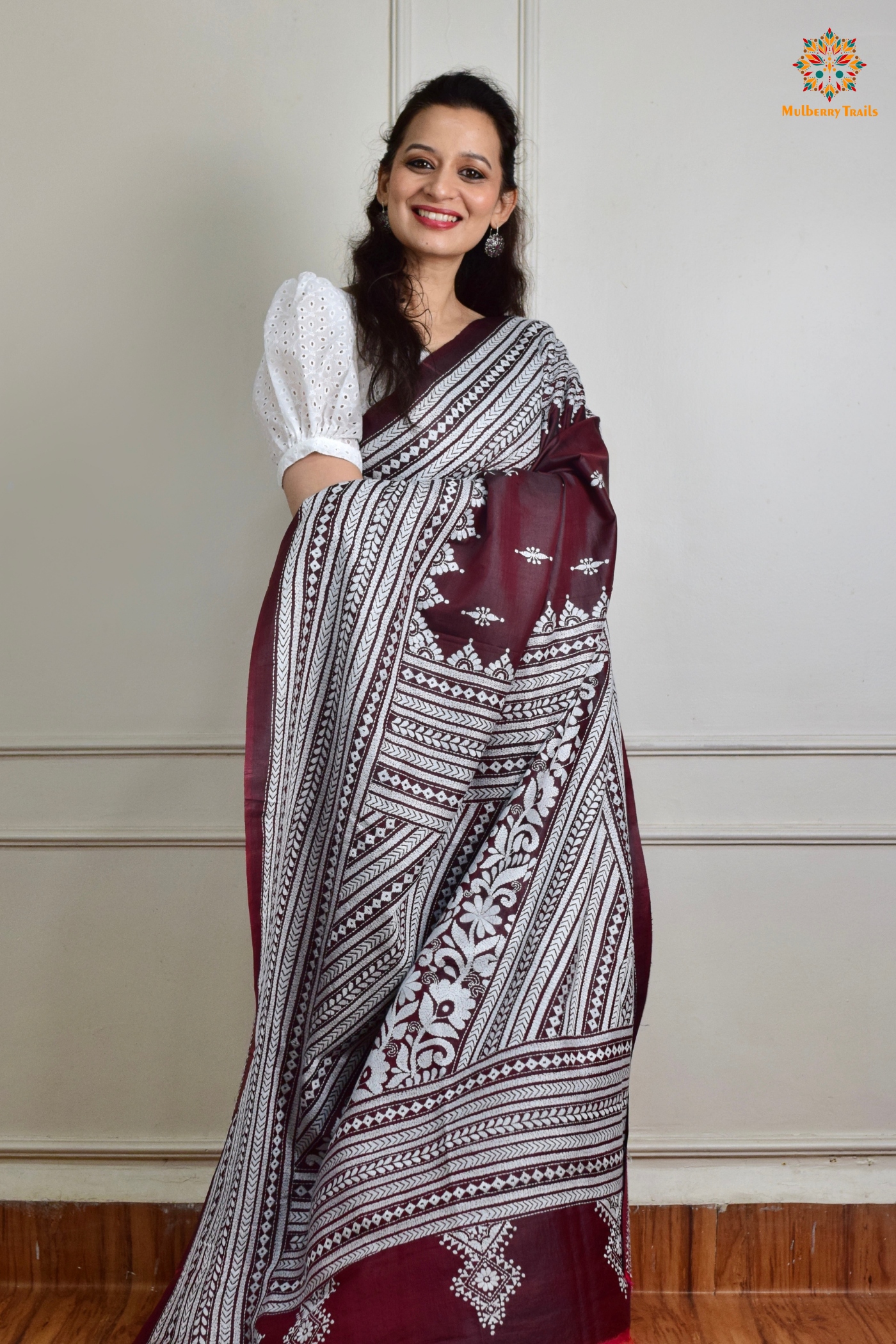 Rima - Maroon Silk Saree with Kantha Embroidery