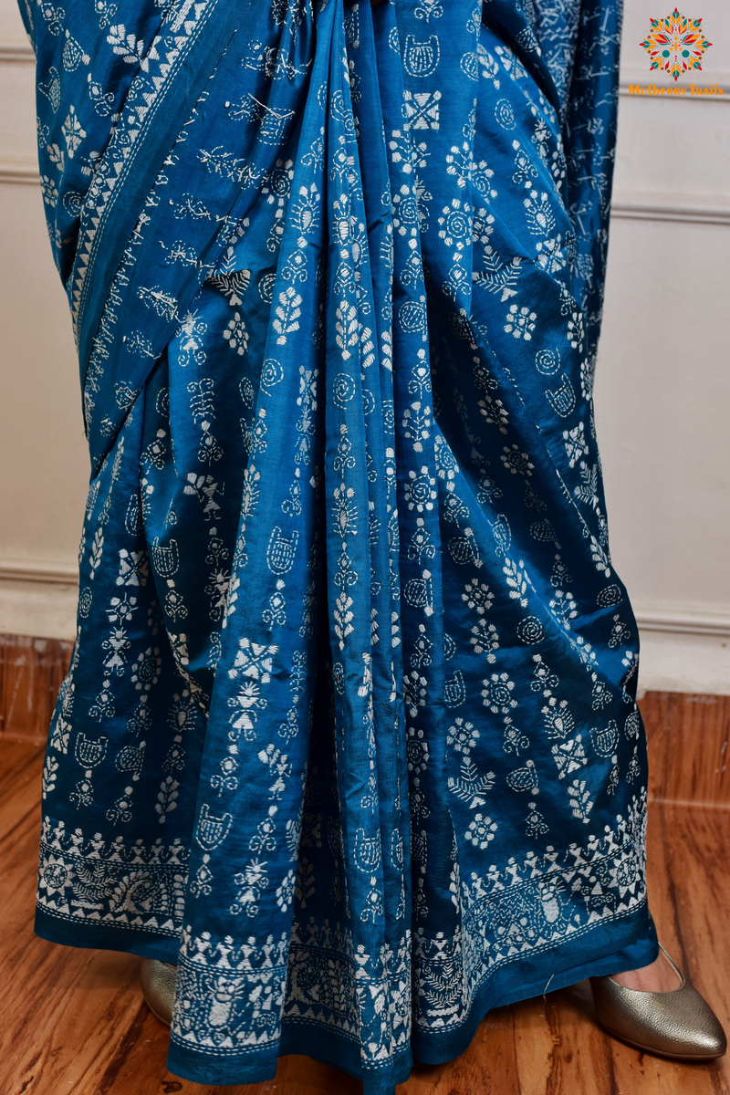 Rima - Peacock BlueBangalore Silk Saree with Warli Embroidery Saree