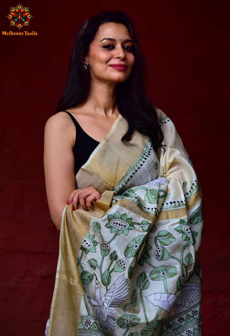 Rima - Unique Bird Kantha Embroidery Saree Zari Tusser Silk