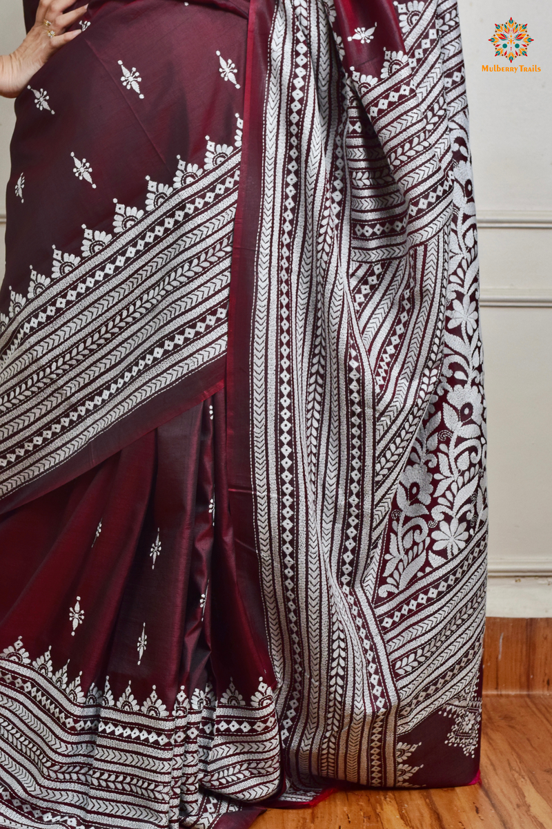 Rima - Maroon Silk Saree with Kantha Embroidery