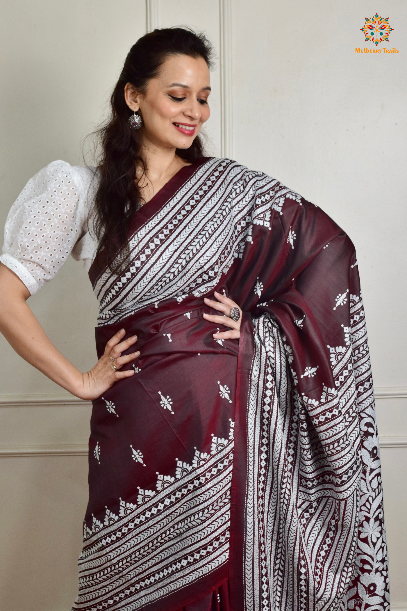 Rima - Maroon Silk Saree with Kantha Embroidery