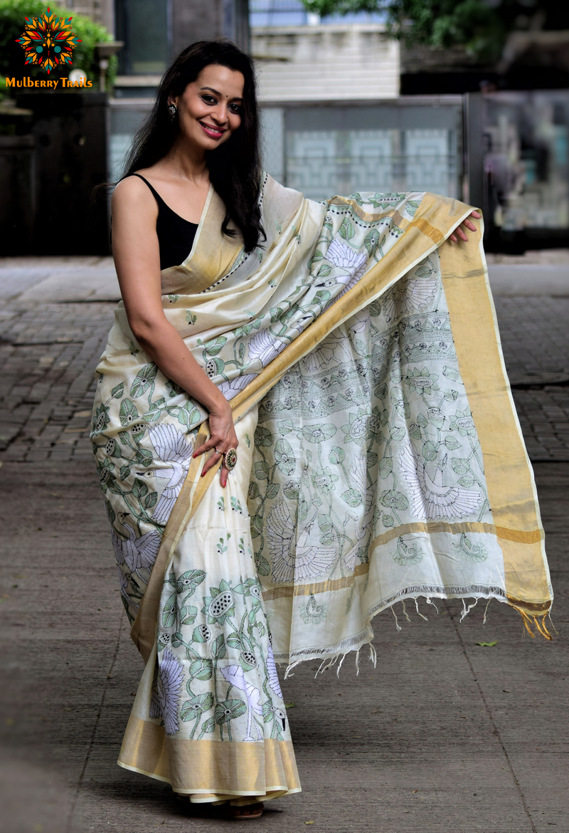 Rima - Unique Bird Kantha Embroidery Saree Zari Tusser Silk