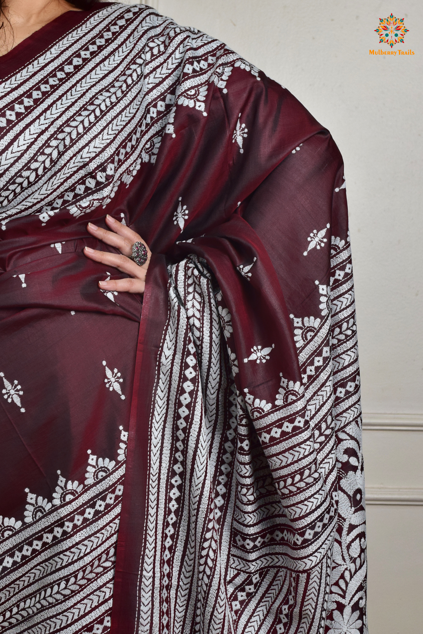 Rima - Maroon Silk Saree with Kantha Embroidery