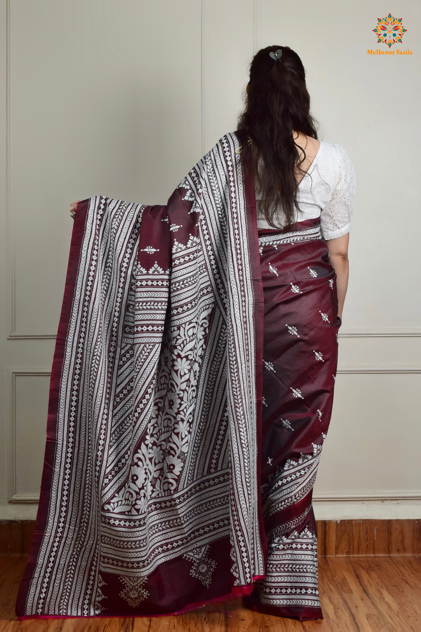 Rima - Maroon Silk Saree with Kantha Embroidery