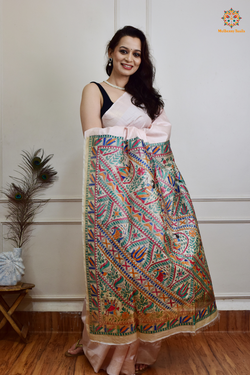 Pavani - Staple Tusser Handpainted Madhubani Saree- Soft white - pink