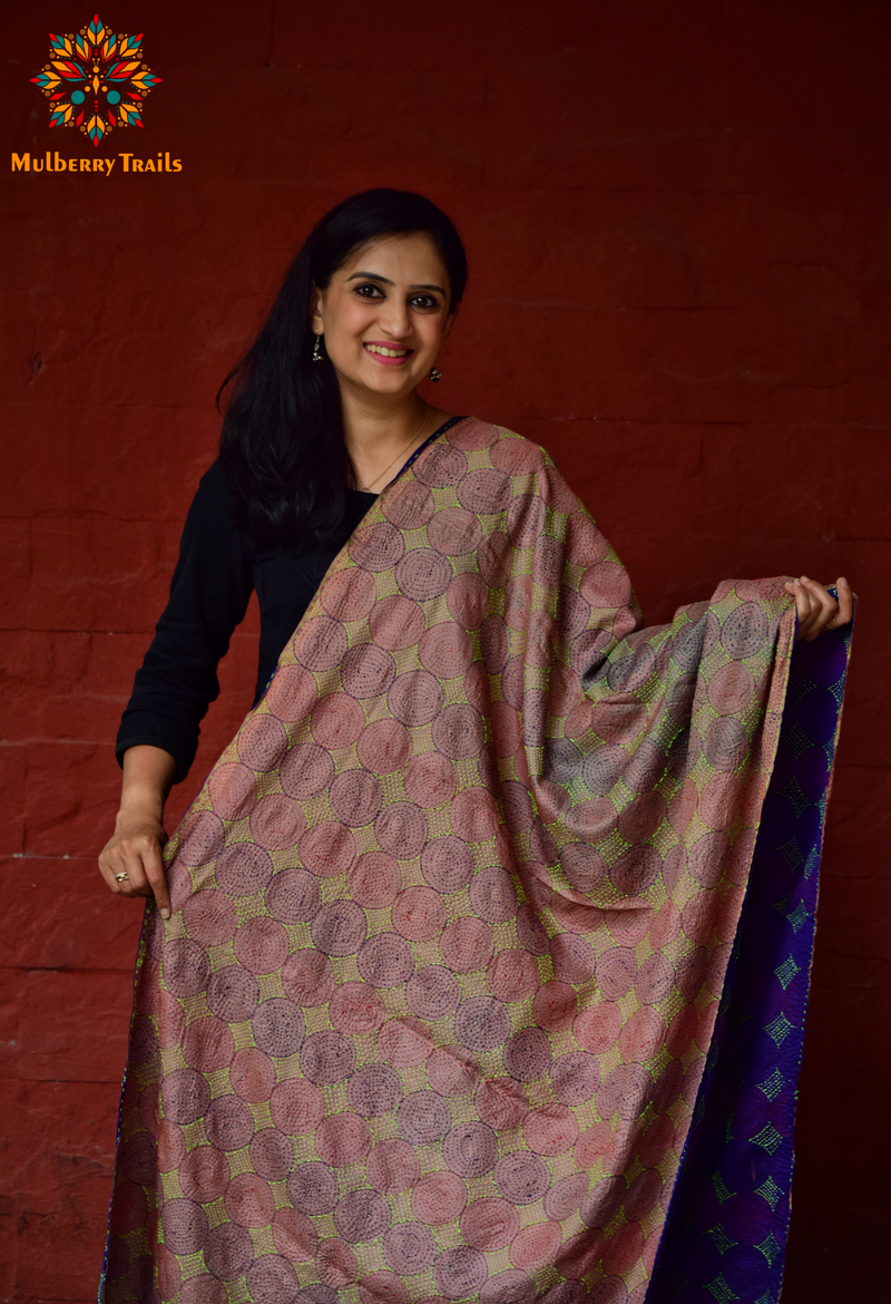 Hand Embroidered Kantha Dupatta - Purple Beigepink