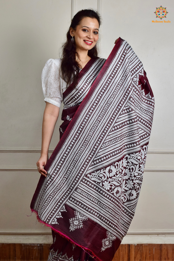 Rima - Maroon Silk Saree with Kantha Embroidery