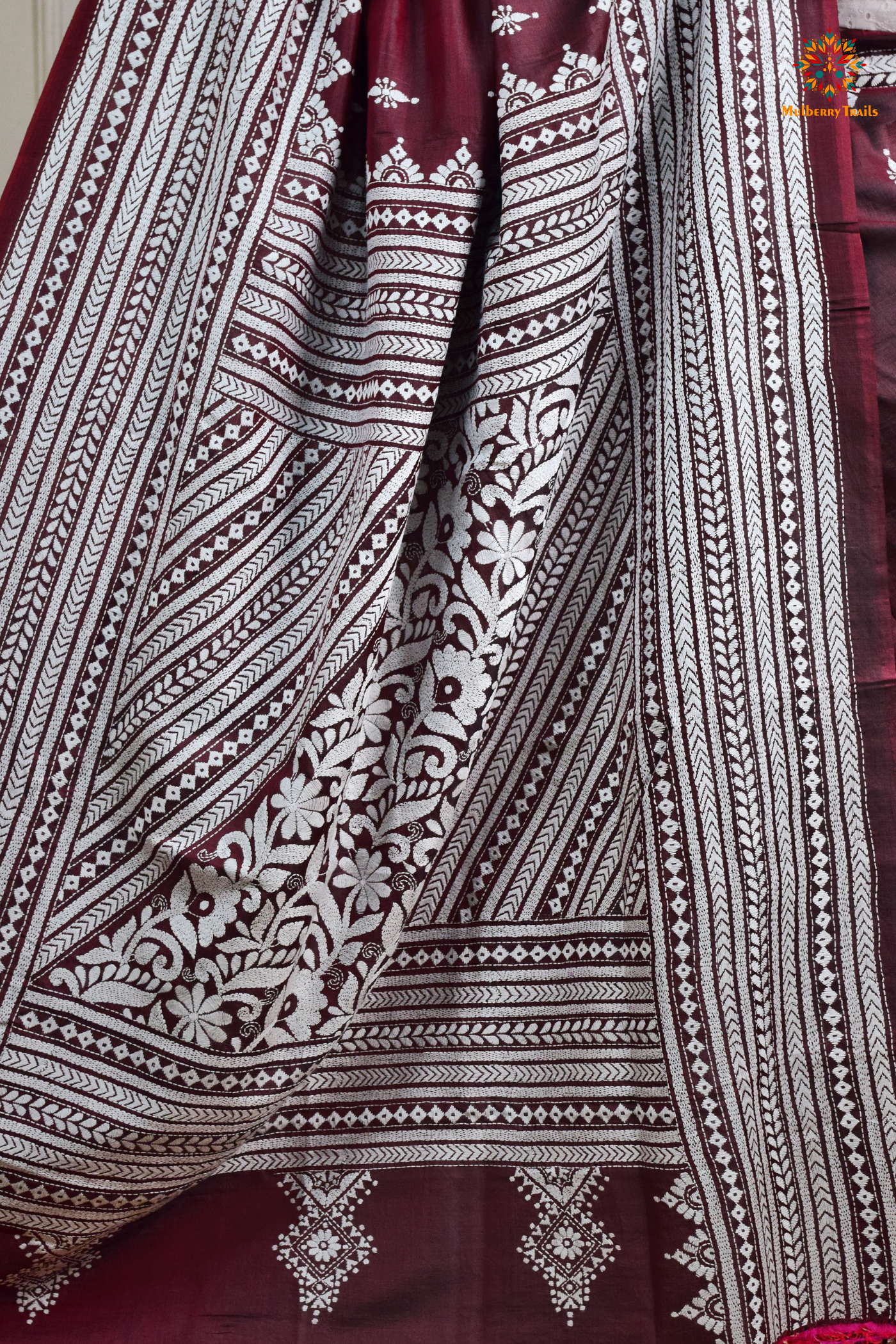 Rima - Maroon Silk Saree with Kantha Embroidery