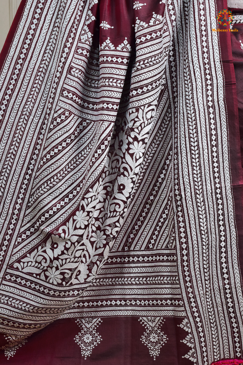 Rima - Maroon Silk Saree with Kantha Embroidery