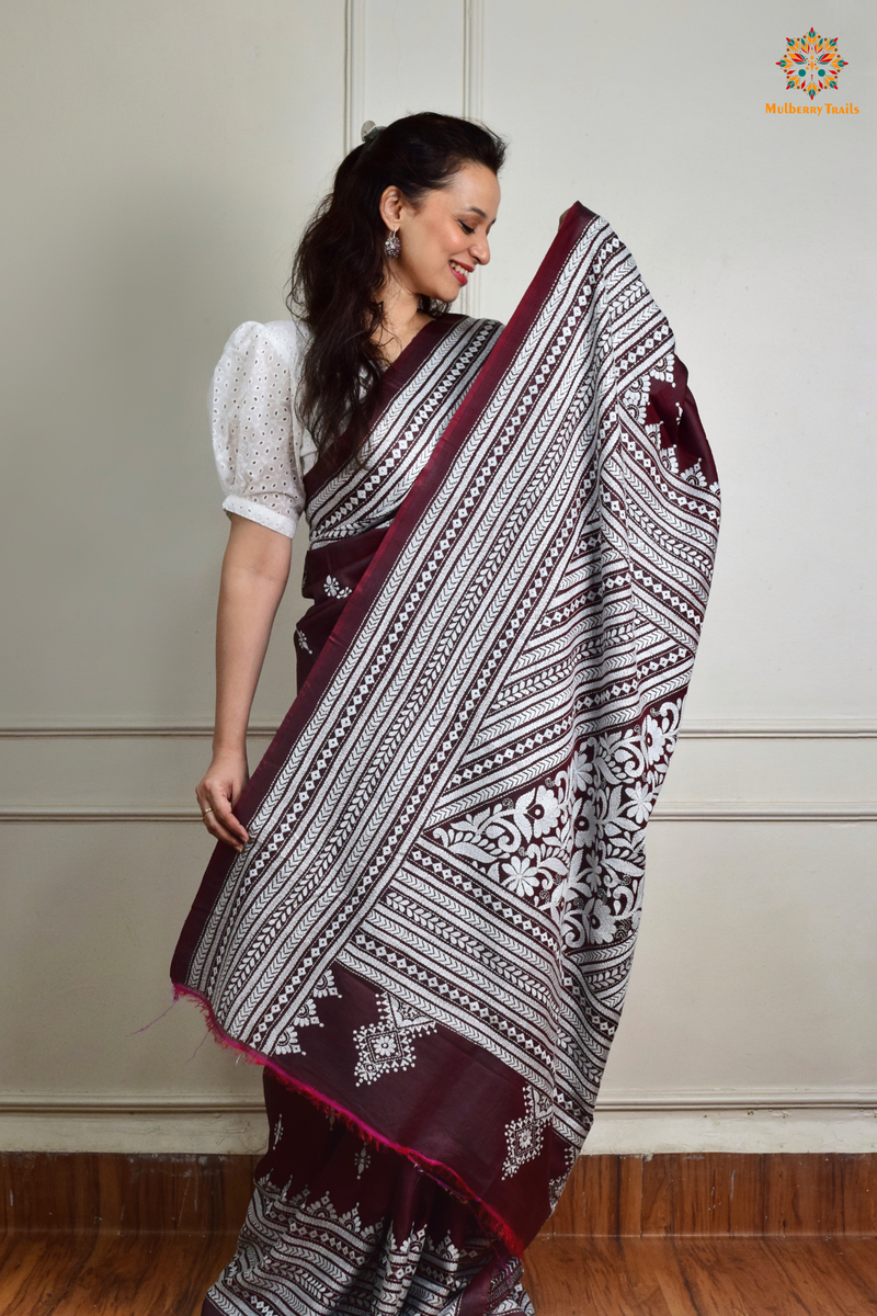 Rima - Maroon Silk Saree with Kantha Embroidery