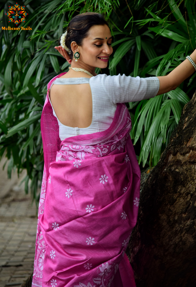 Rima - Pink Tusser Silk Embroidery Saree