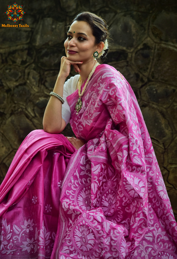 Rima - Pink Tusser Silk Embroidery Saree