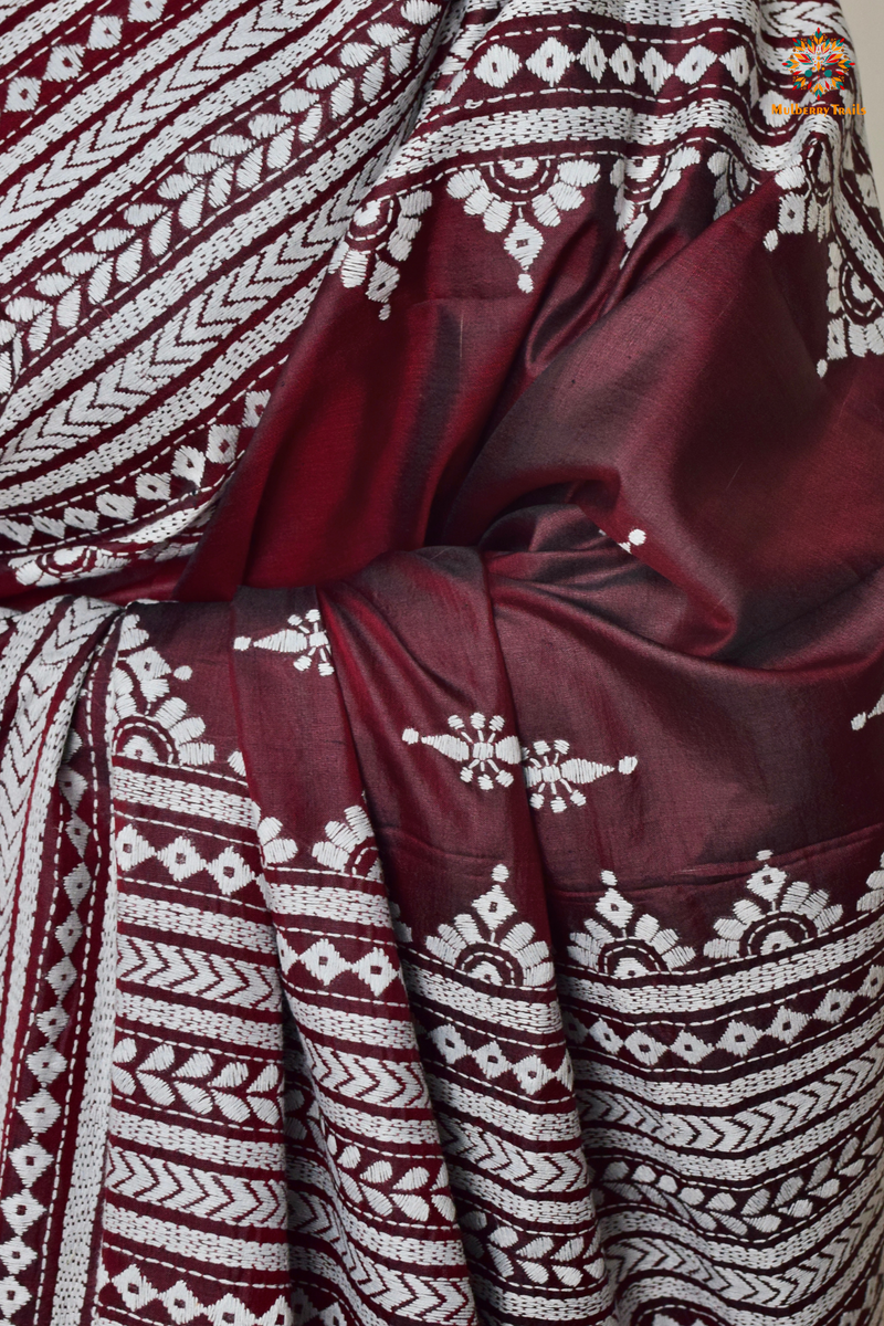 Rima - Maroon Silk Saree with Kantha Embroidery