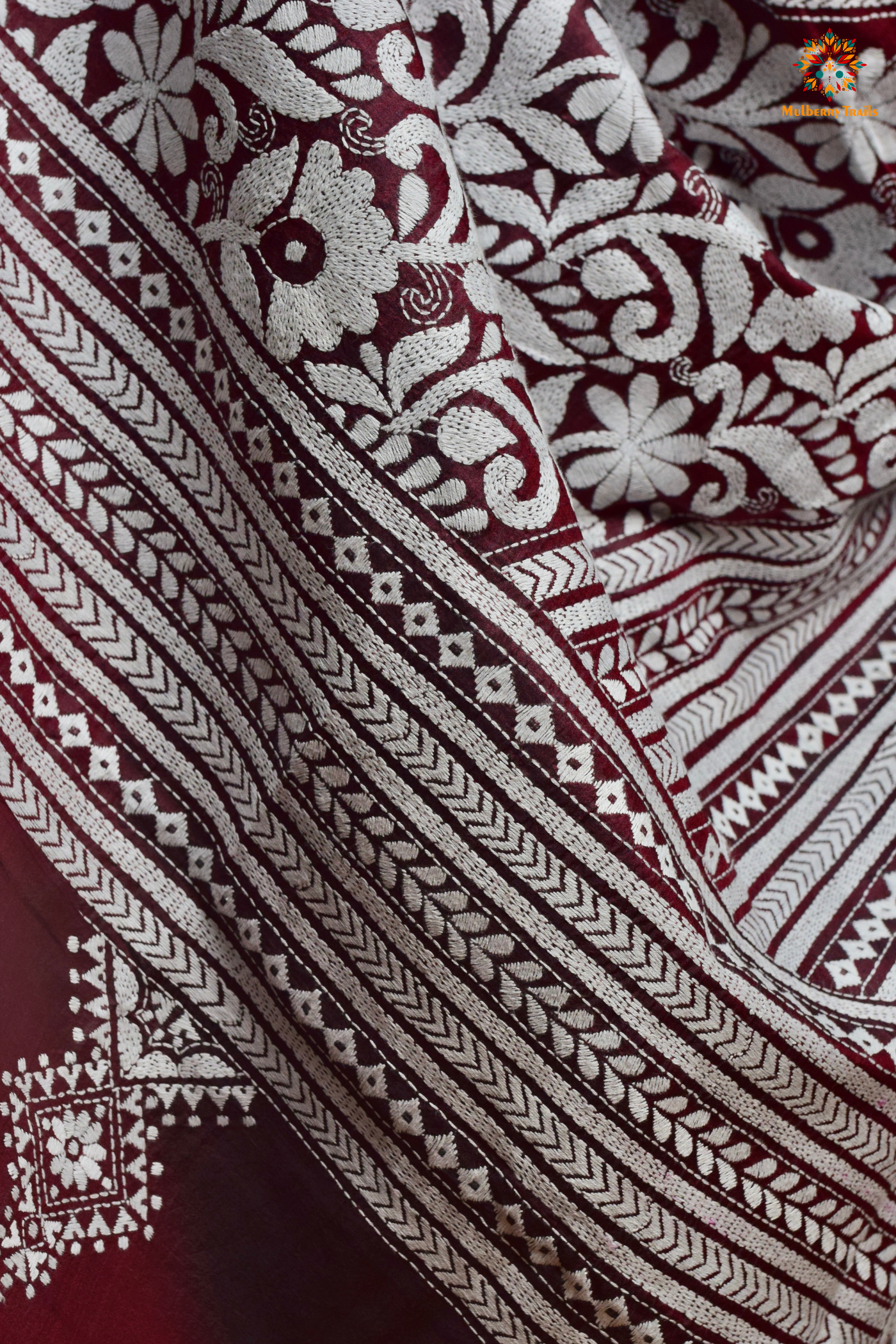 Rima - Maroon Silk Saree with Kantha Embroidery