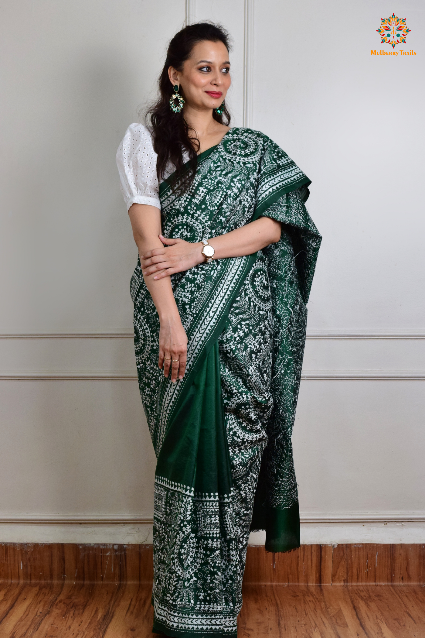 Rima - Green Silk Saree with Kantha Embroidery