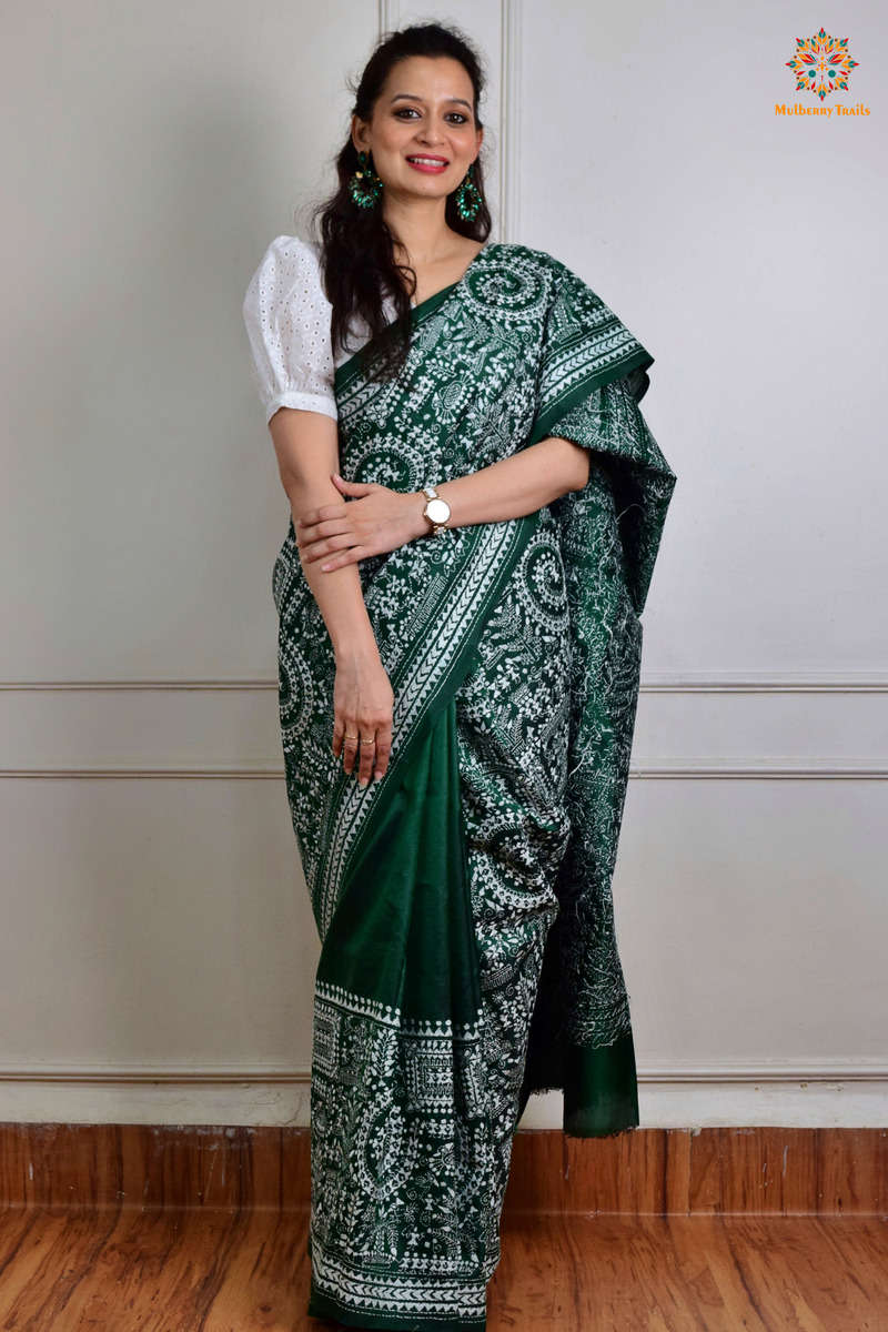 Rima - Green Silk Saree with Kantha Embroidery