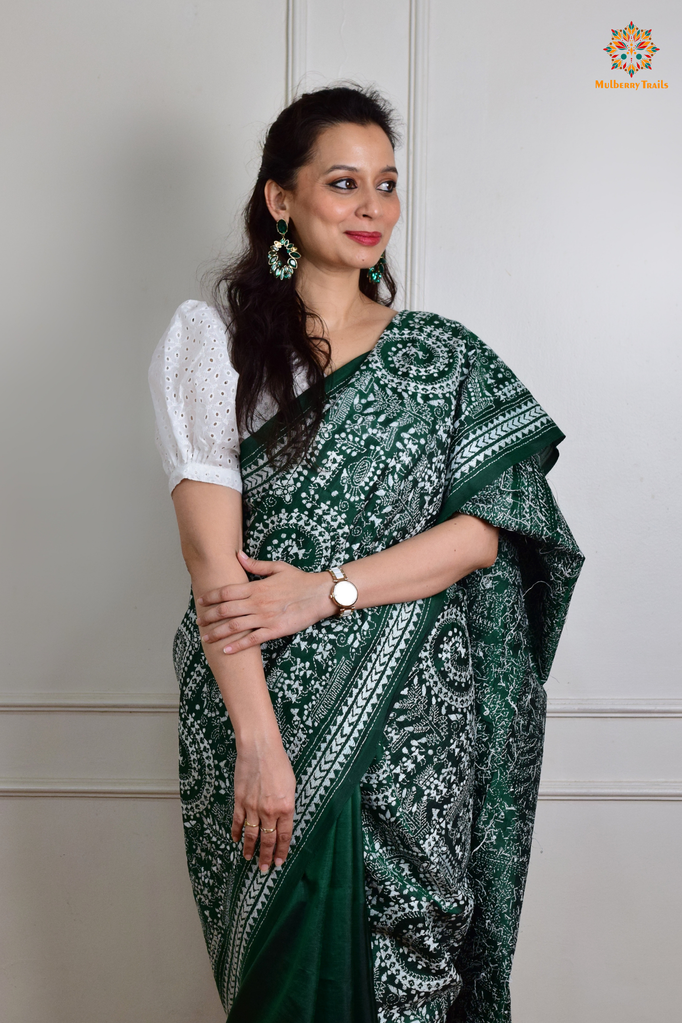 Rima - Green Silk Saree with Kantha Embroidery