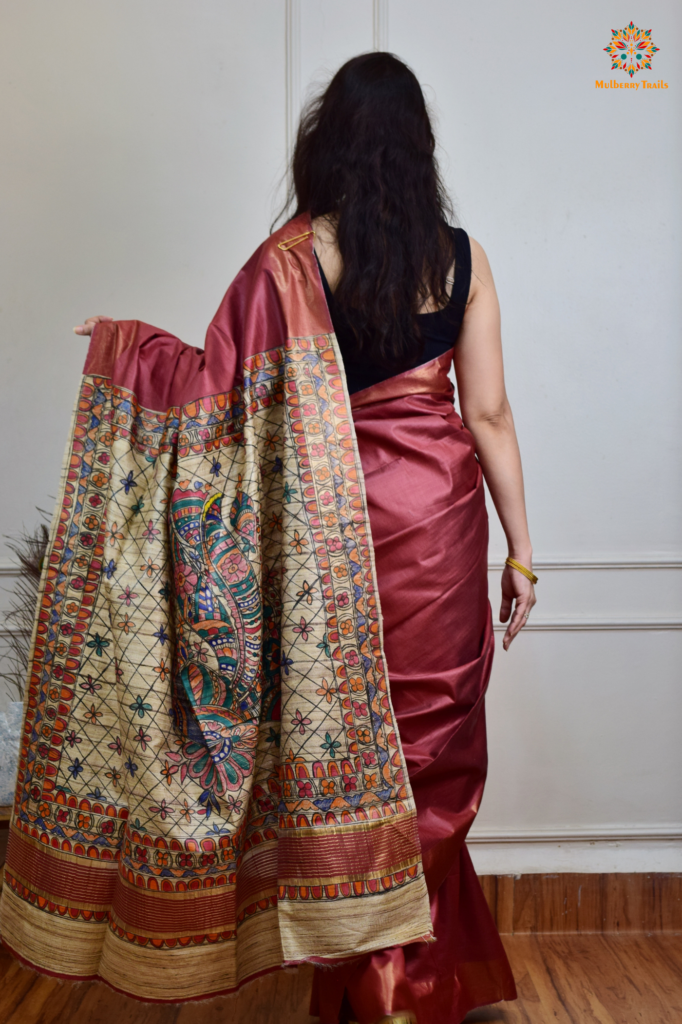 Pavani - Staple Tusser Handpainted Madhubani Saree- light maroon