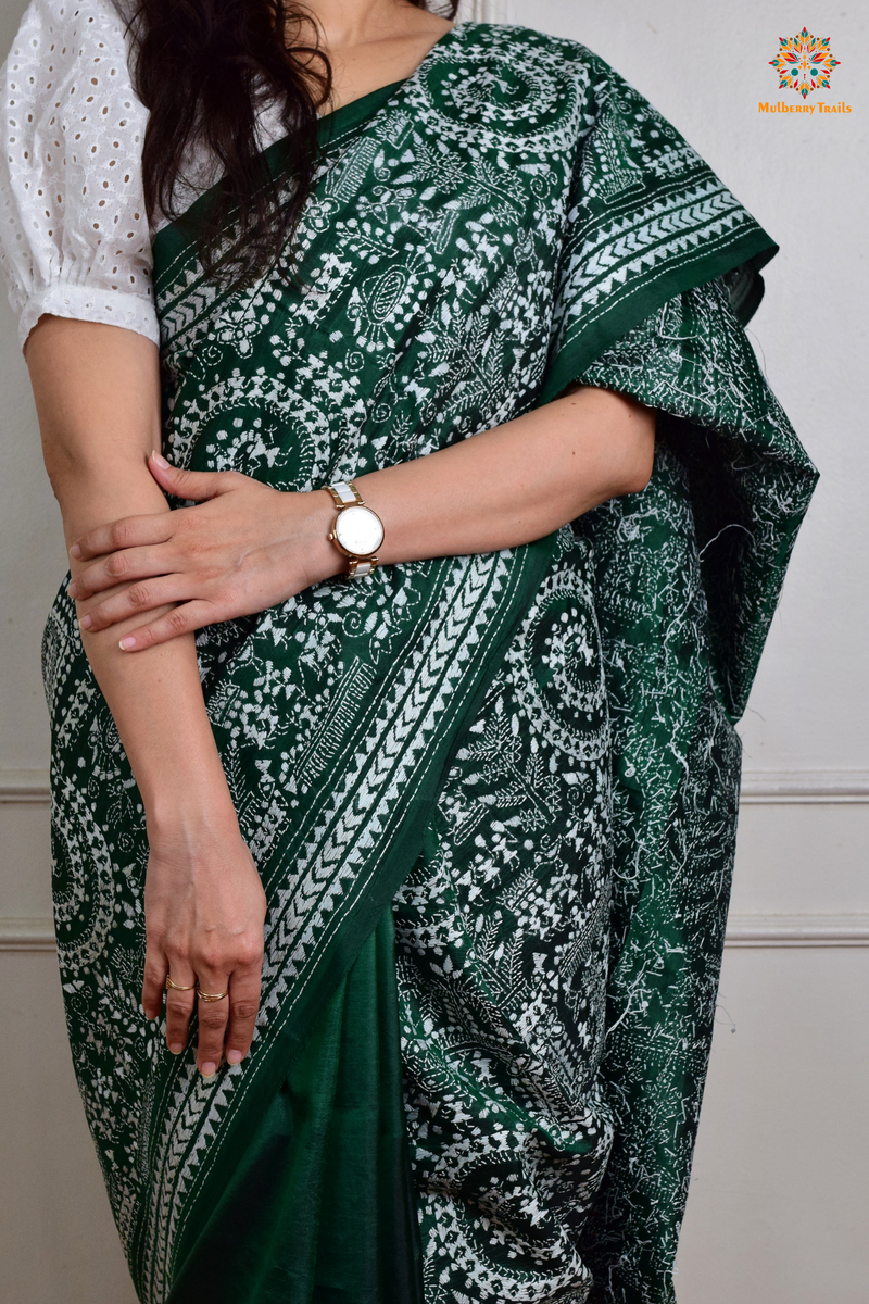 Rima - Green Silk Saree with Kantha Embroidery