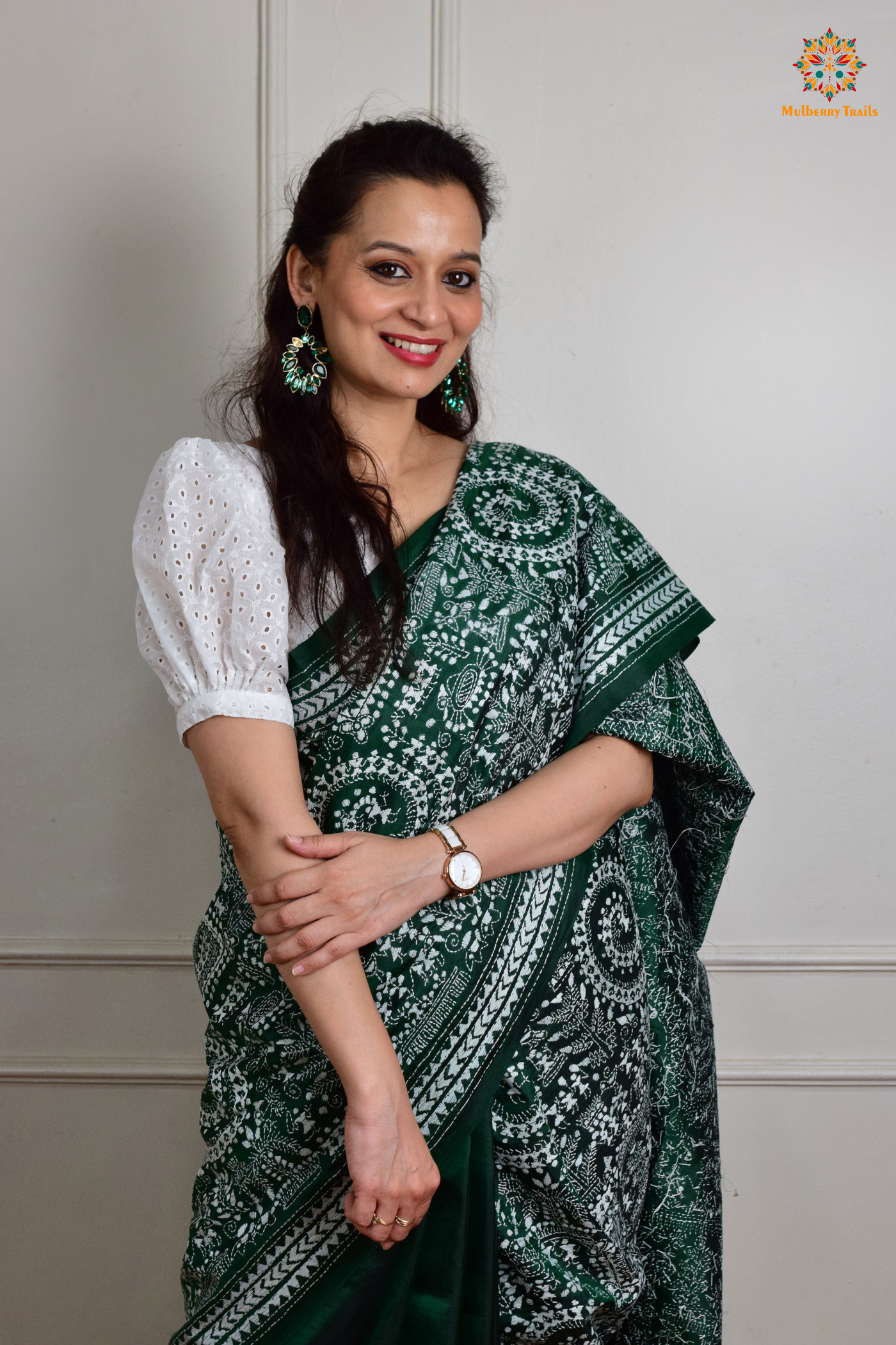 Rima - Green Silk Saree with Kantha Embroidery