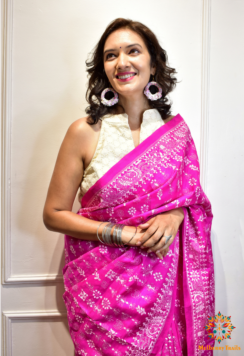 Rima - Pink Bangalore Silk Kantha Embroidery Saree