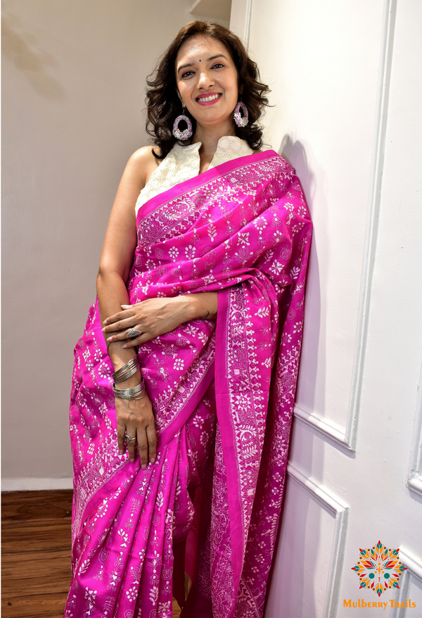 Rima - Pink Bangalore Silk Kantha Embroidery Saree