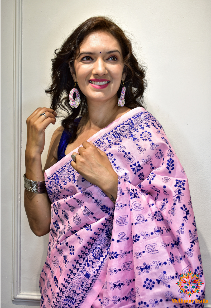 Rima - Baby Pink Bangalore Silk Kantha Embroidery Saree