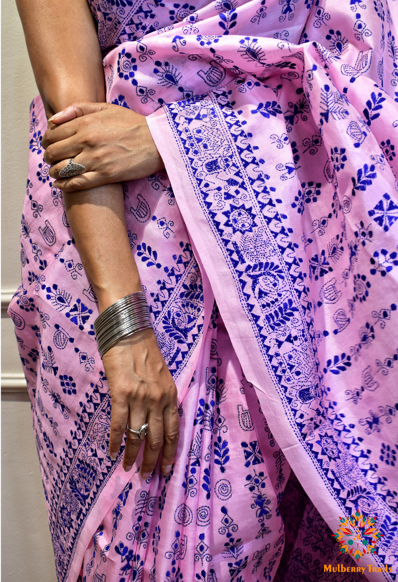 Rima - Baby Pink Bangalore Silk Kantha Embroidery Saree