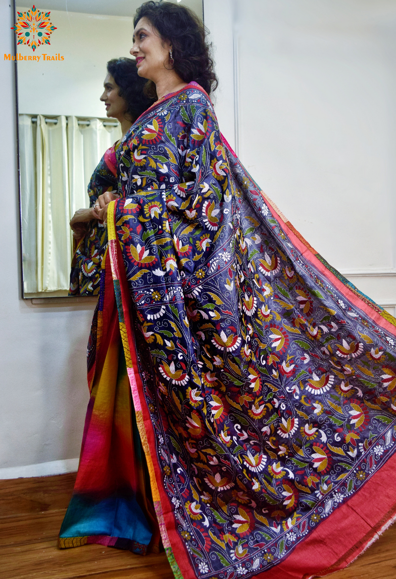 Rima - Grey Multicolor Ghhachi Tusser Silk Kantha Embroidery Saree