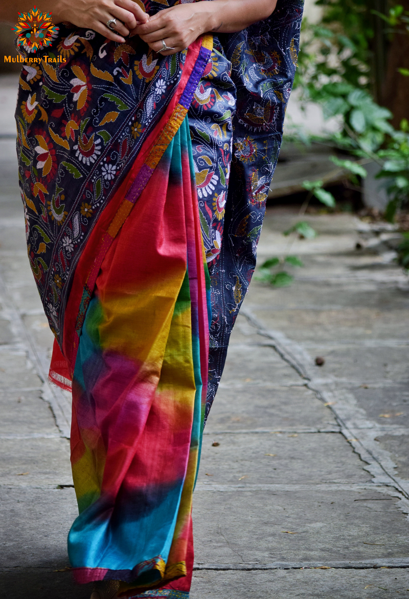 Rima - Grey Multicolor Ghhachi Tusser Silk Kantha Embroidery Saree