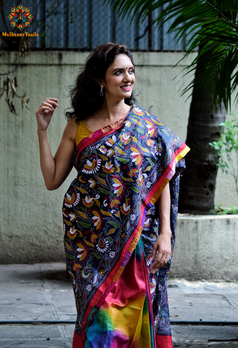 Rima - Grey Multicolor Ghhachi Tusser Silk Kantha Embroidery Saree
