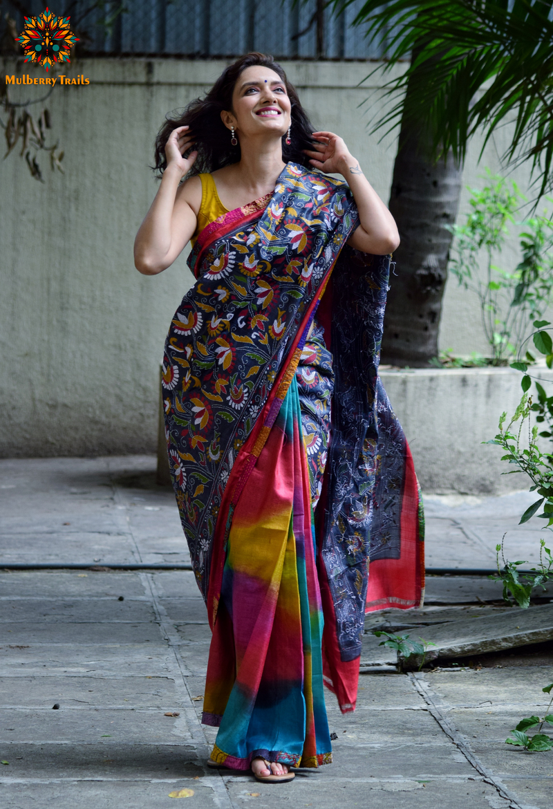 Rima - Grey Multicolor Ghhachi Tusser Silk Kantha Embroidery Saree