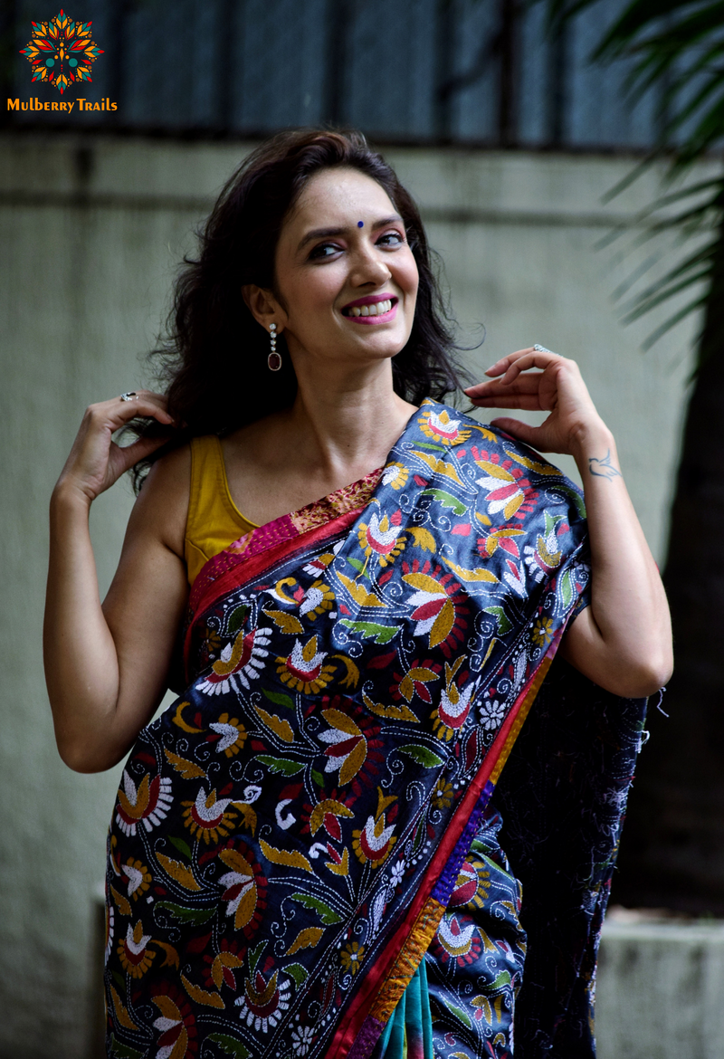 Rima - Grey Multicolor Ghhachi Tusser Silk Kantha Embroidery Saree