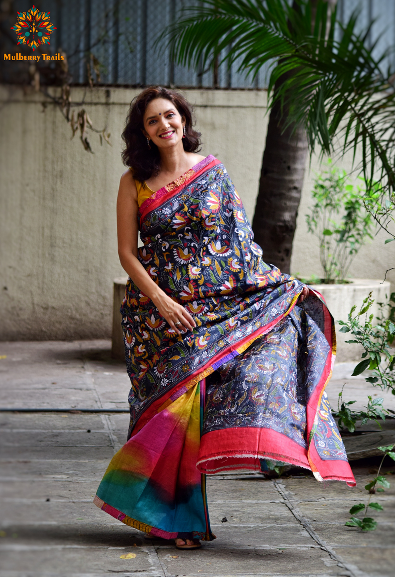 Rima - Grey Multicolor Ghhachi Tusser Silk Kantha Embroidery Saree