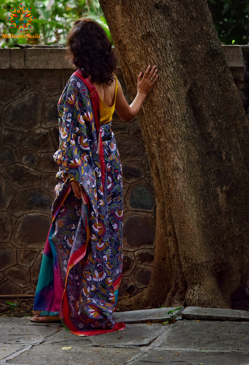 Rima - Grey Multicolor Ghhachi Tusser Silk Kantha Embroidery Saree