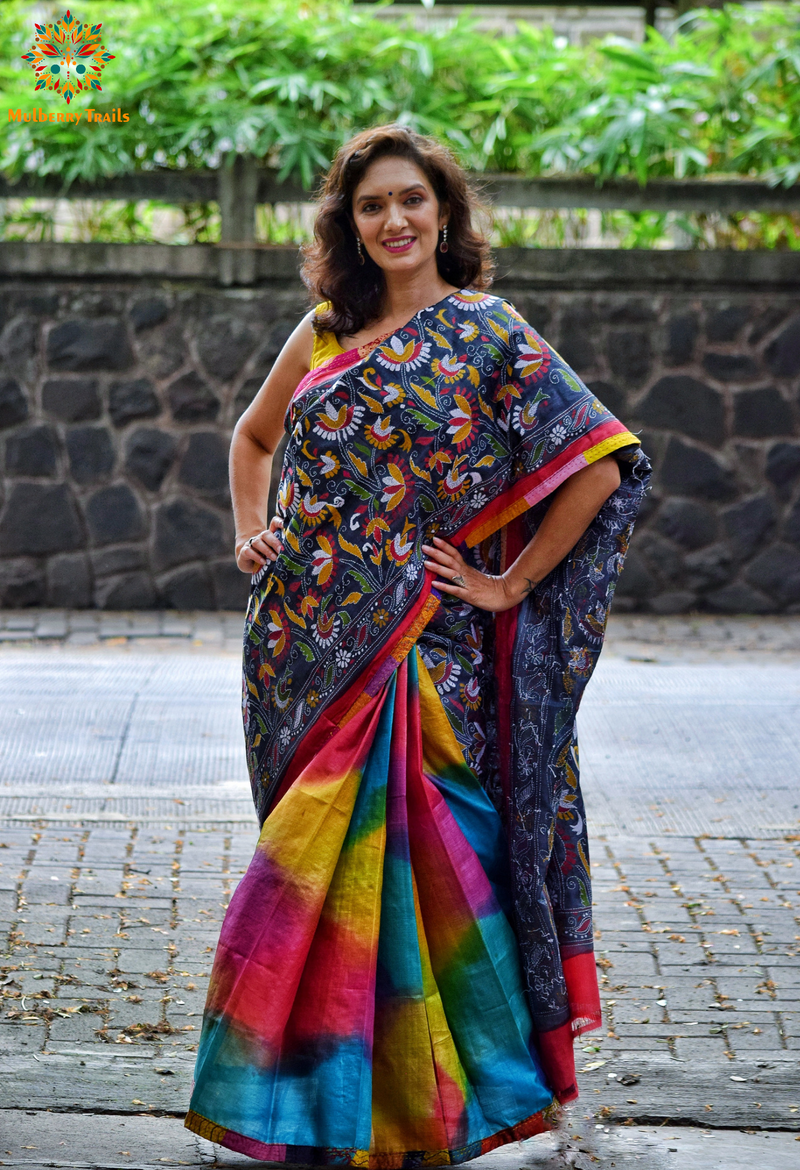 Rima - Grey Multicolor Ghhachi Tusser Silk Kantha Embroidery Saree