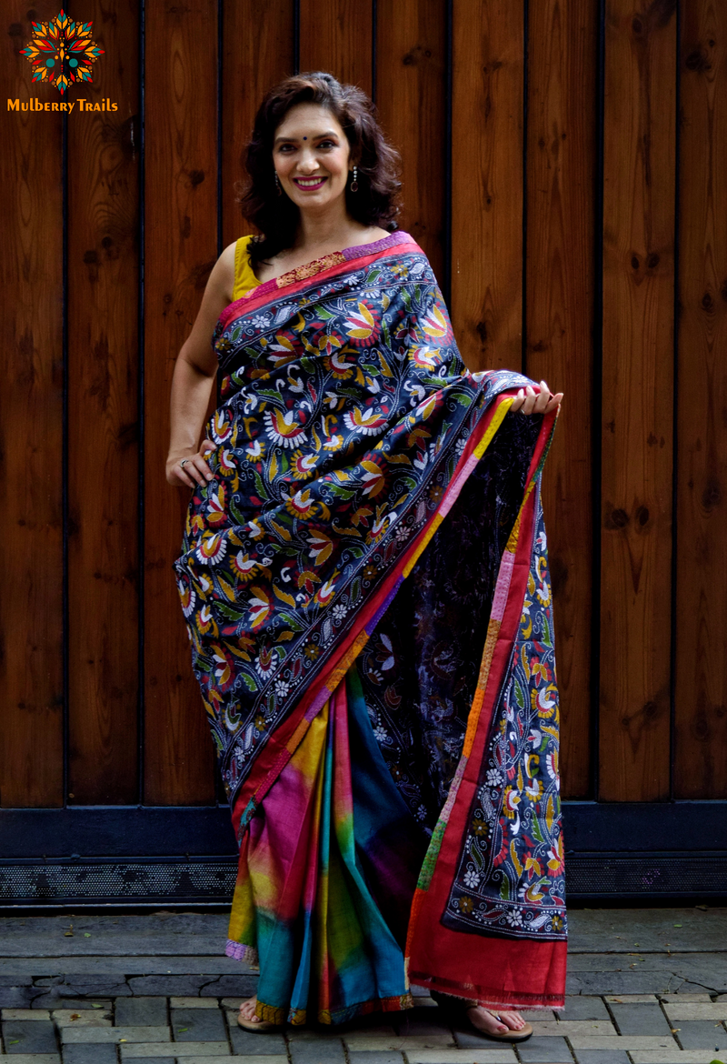 Rima - Grey Multicolor Ghhachi Tusser Silk Kantha Embroidery Saree