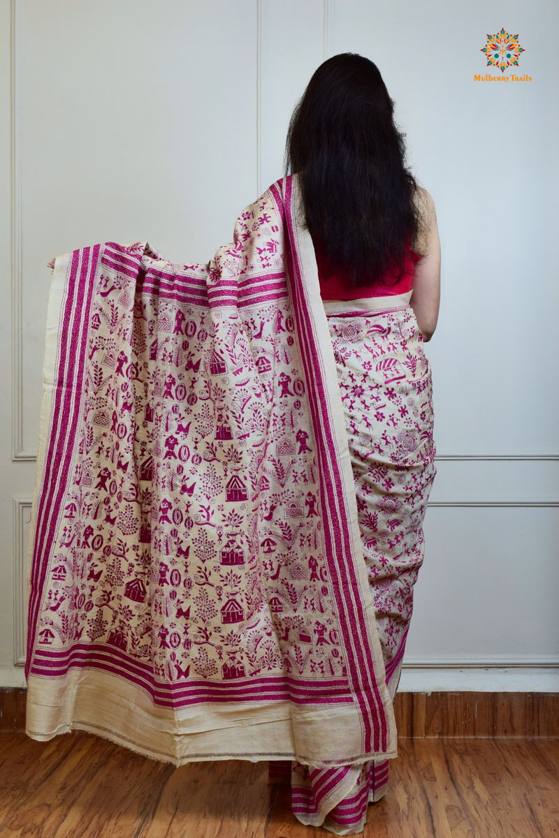 Rima - Tusser Silk Saree with Pink Warli Embroidery Saree