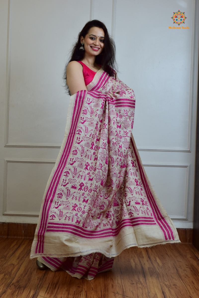 Rima - Tusser Silk Saree with Pink Warli Embroidery Saree