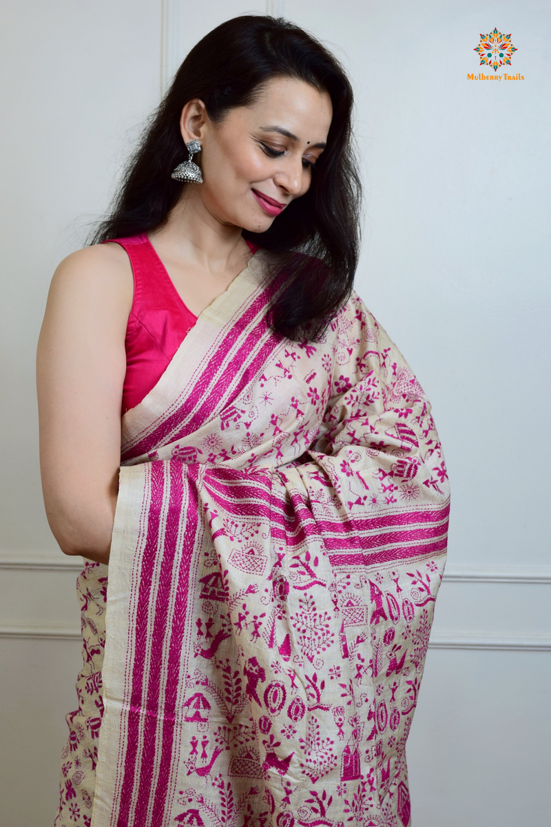 Rima - Tusser Silk Saree with Pink Warli Embroidery Saree