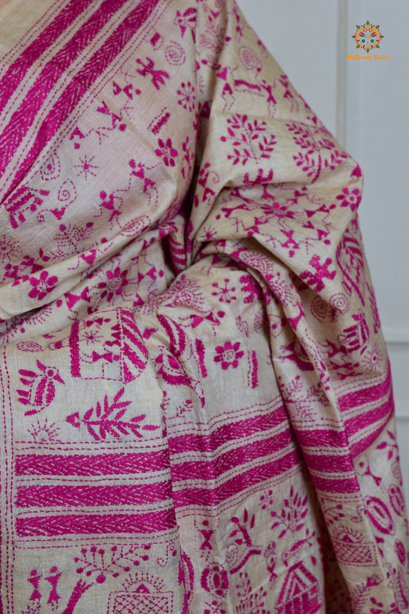 Rima - Tusser Silk Saree with Pink Warli Embroidery Saree