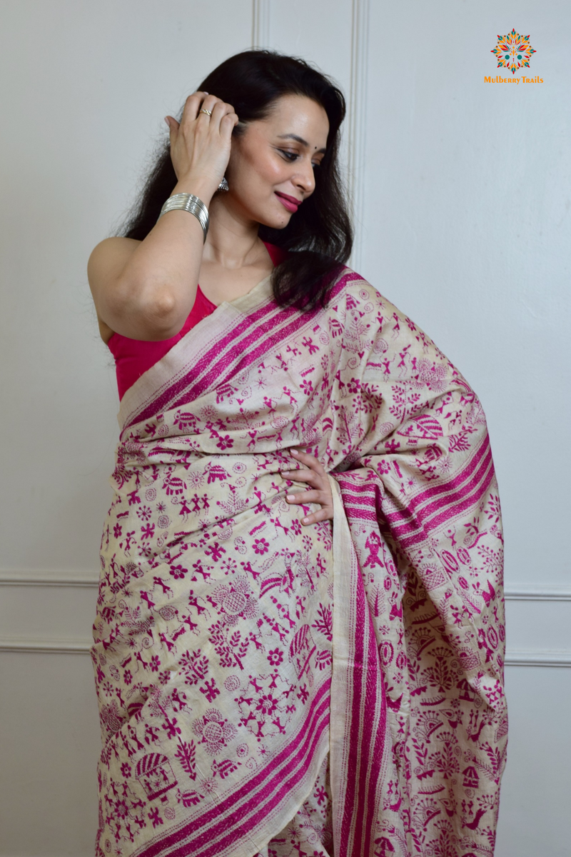 Rima - Tusser Silk Saree with Pink Warli Embroidery Saree