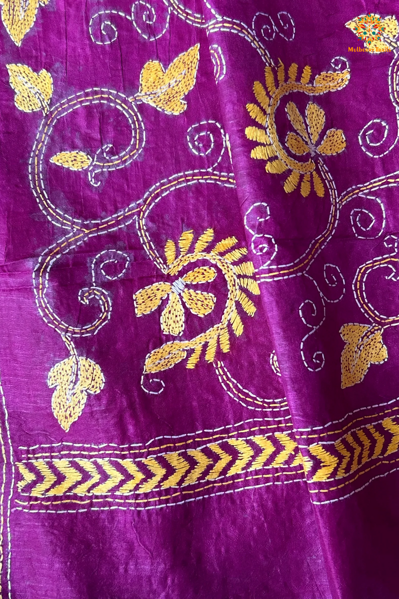 Hand Embroidered Silk Kantha Dupatta - Purple